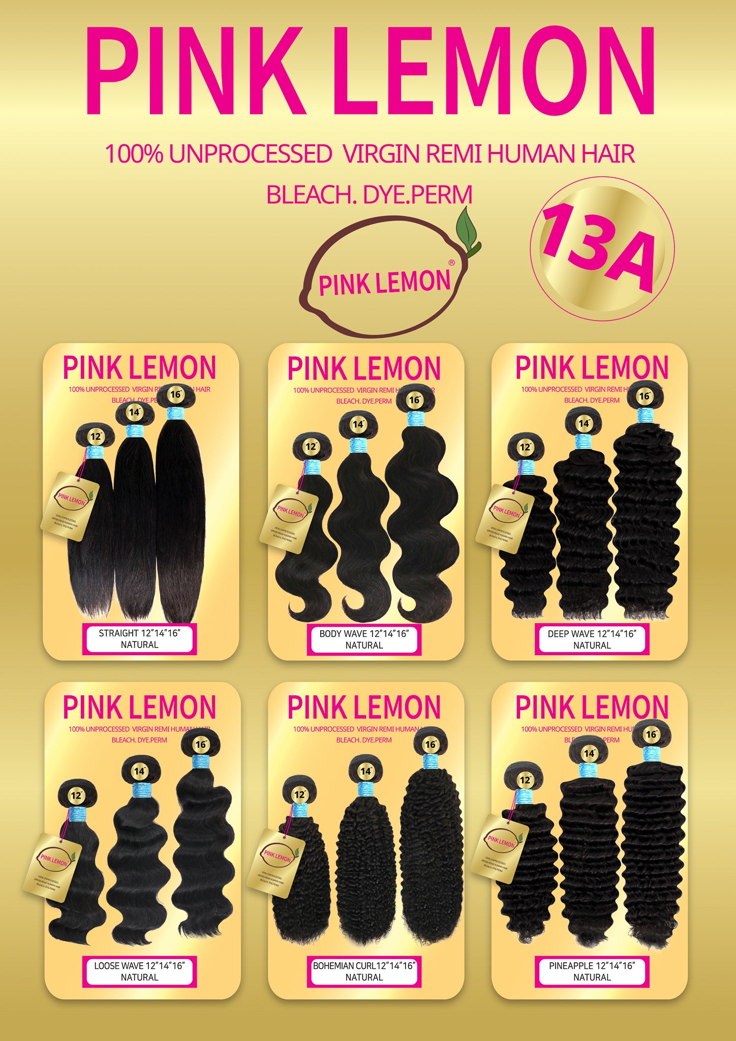 PINK LEMON 100 13A VIRGIN HAIR BUNDLE BLEACH, DYE, PERM (DEEP WAVE
