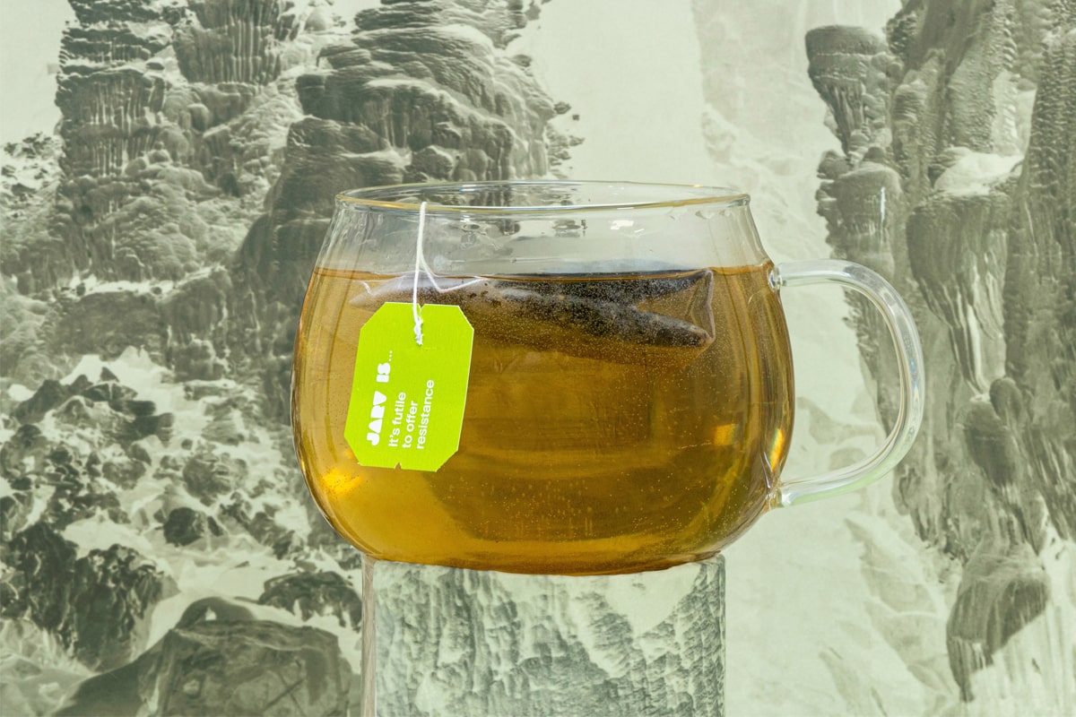 Dragonfly Tea Jarv...Is Welcome to the Peppermint Jungle herbal infusion in a glass mug, teabag floating and lyric tea tag hanging over the side.