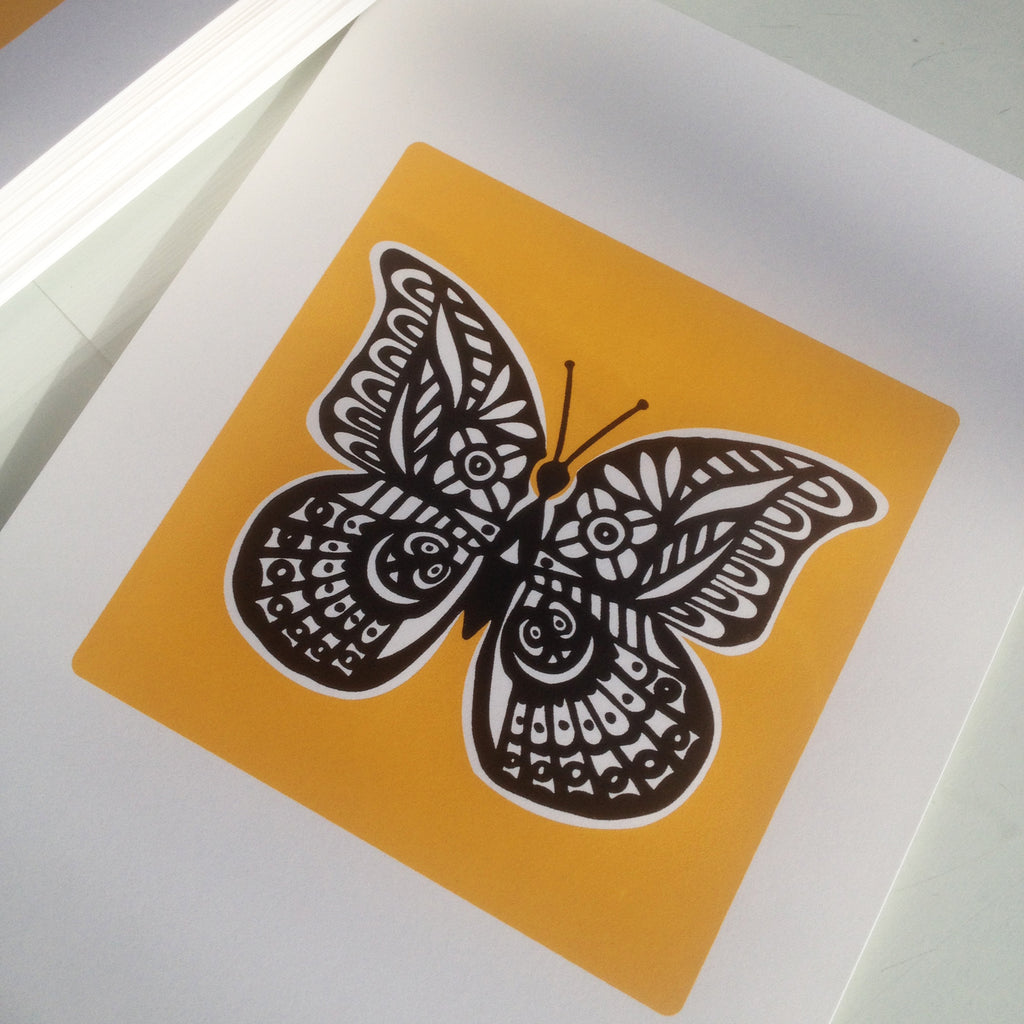 Butterfly print in saffron yellow. Screen printing tutorial by artist and printmaker Lu West.