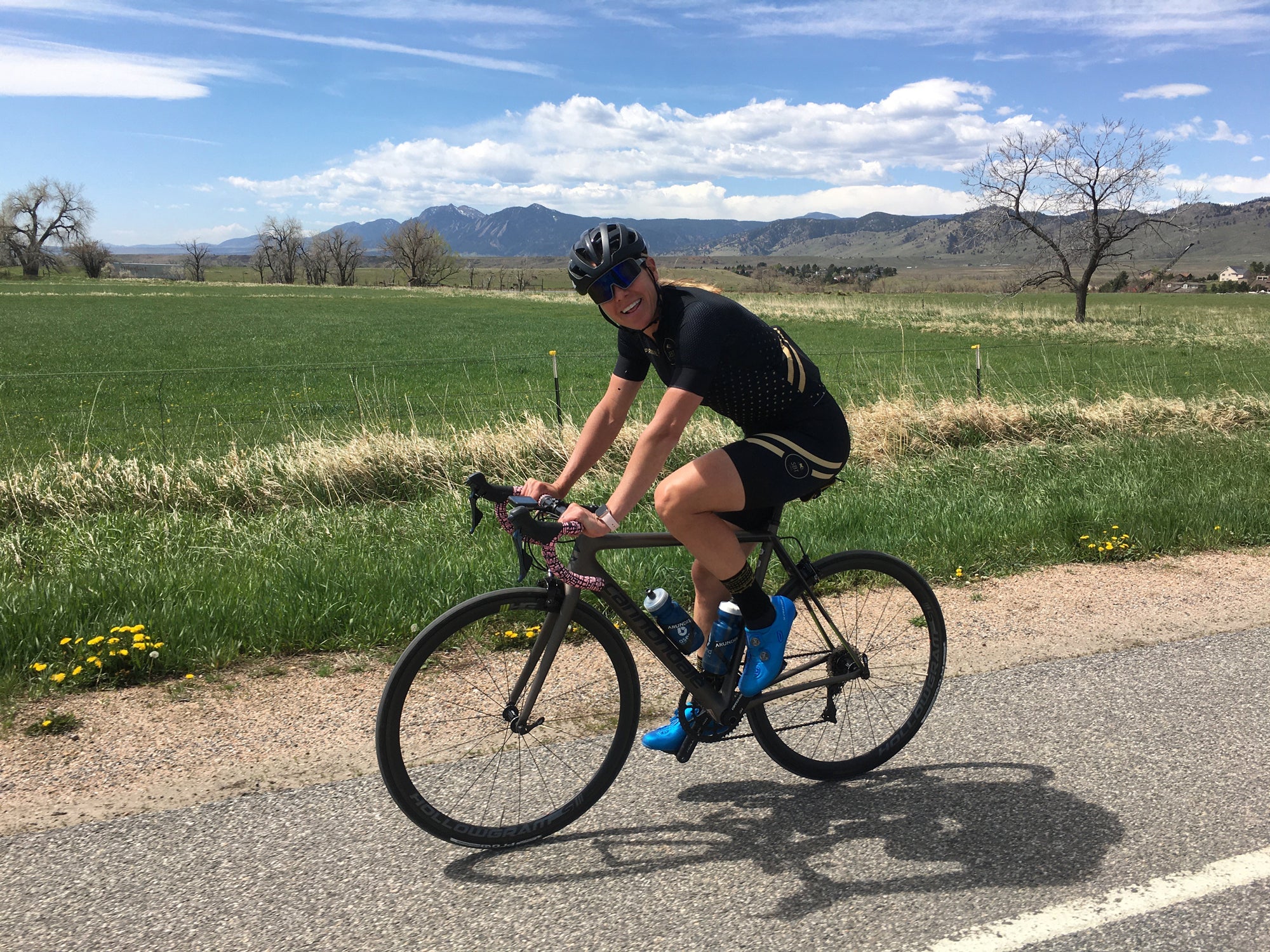 Amy Charity Riding gravel with Lazer helmet on