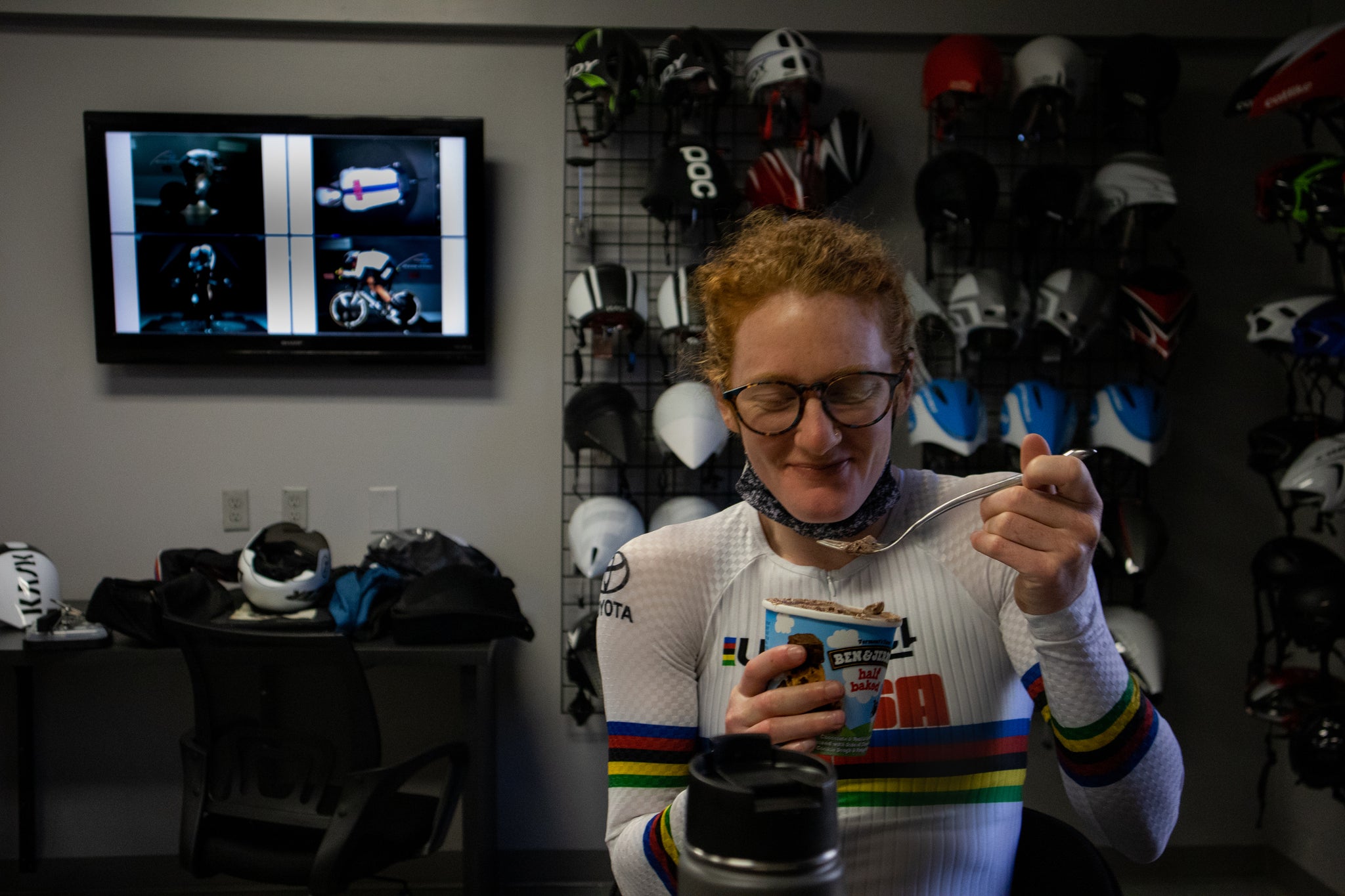 Clara Brown eating Ice Cream after testing her Lazer Aero helmet 