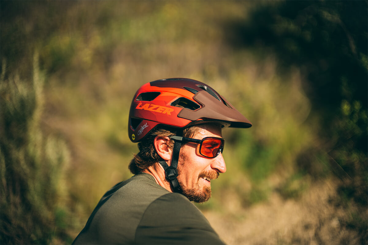 Man wearing Lazer Churi MIPS mountain bike helmet 