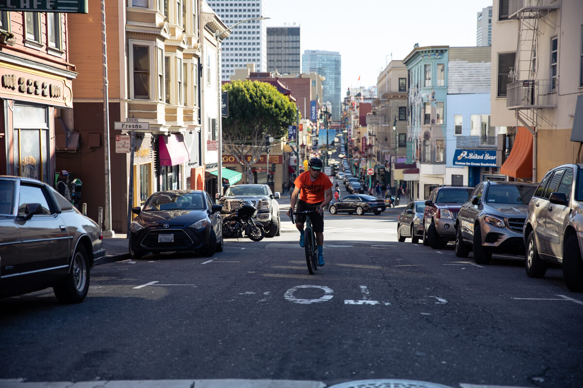 Riding through downtown SF on a gravel bike with a Lazer Z1 MIPs Cycling helmet