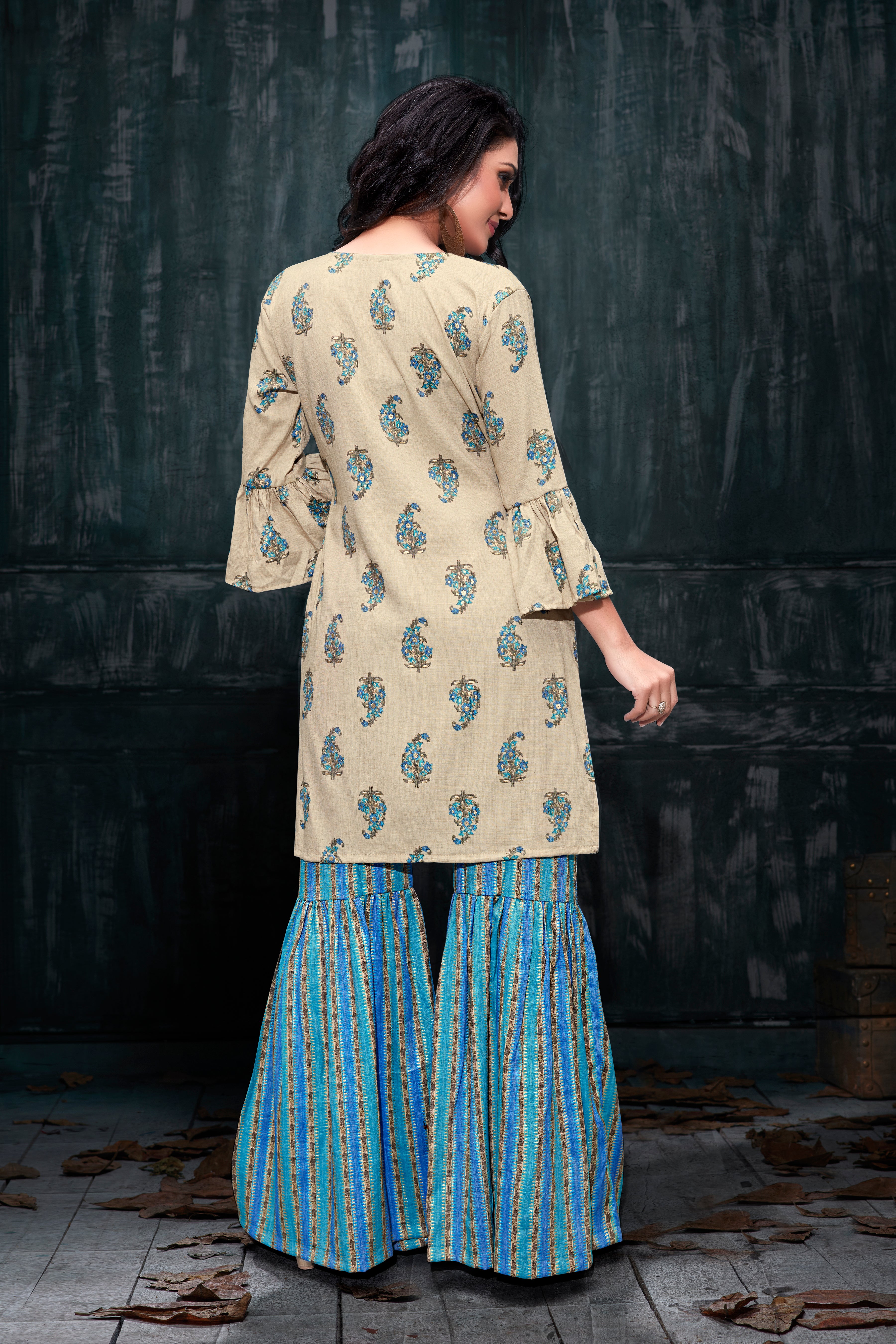 Admyrin Beige & Blue Burberry Floral Print Kurta and Sharara Set