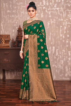 Admyrin Beautiful Dark Green Cotton Silk Woven Saree with Blouse Piece