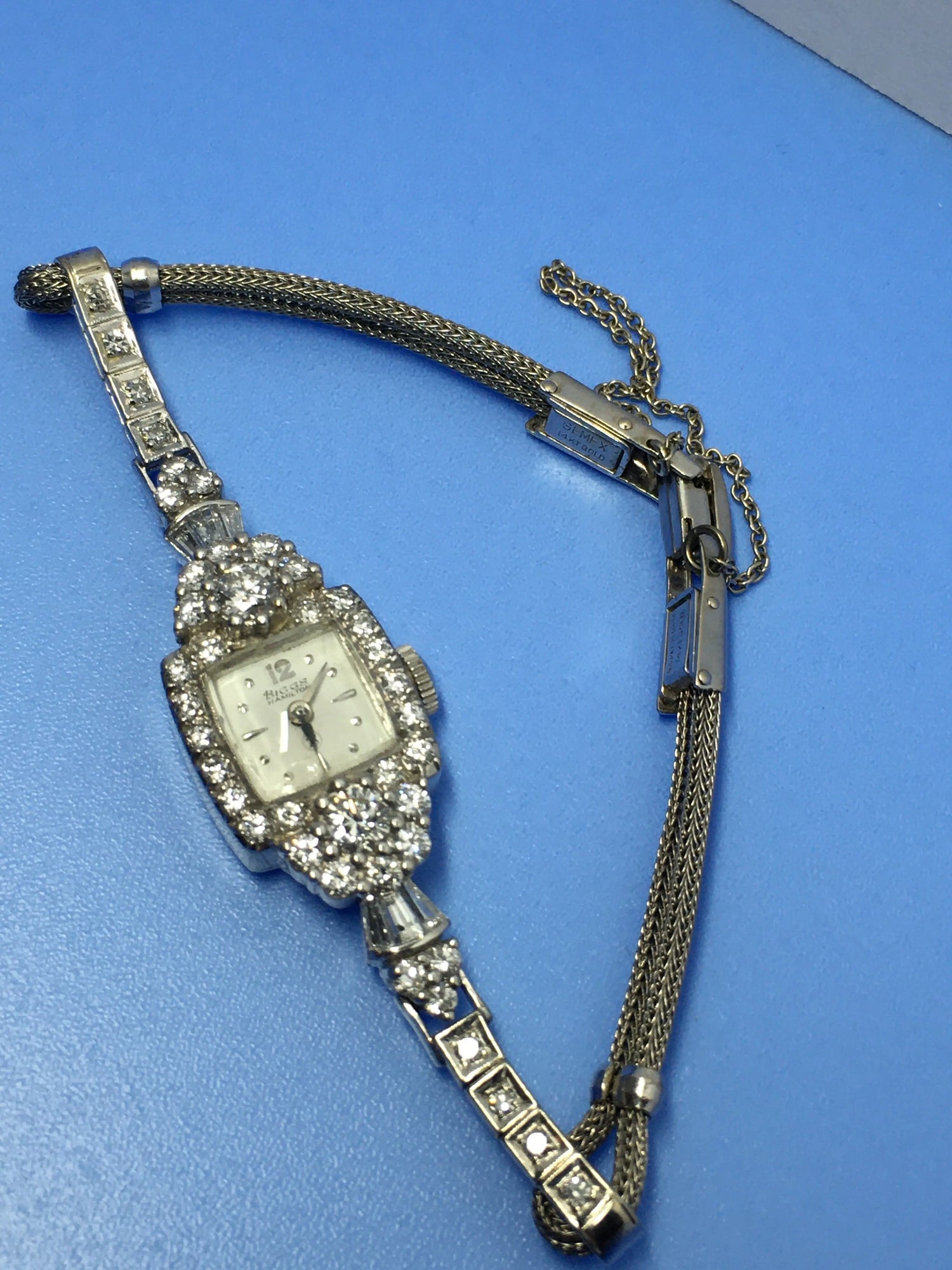 14K working Biggs Hamilton diamond watch, 1950s, Round Brilliant Cuts D~1.30ct G-H VS1-VS2, Single cuts ~0.20cts H-I-J VS, Baguette ~0.36cttw G VS