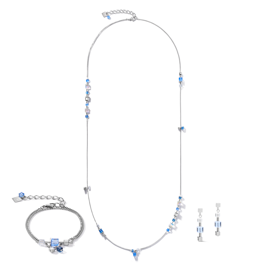 Braccialetto GeoCUBE® chain long acciaio inox & Cristalli argento-blu