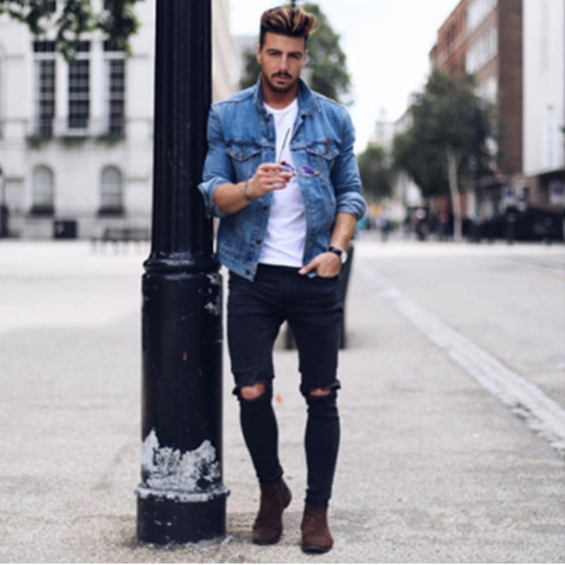 Sexy Hole Male Zipper Knee Ripped Skinny Vintage Denim Pencil Pants Jeans