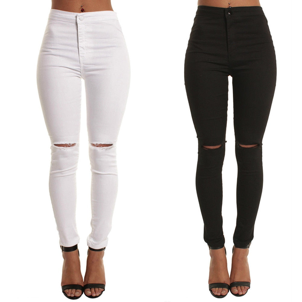 white black ripped jeans Casual Slim Solid Hole Long Jeans