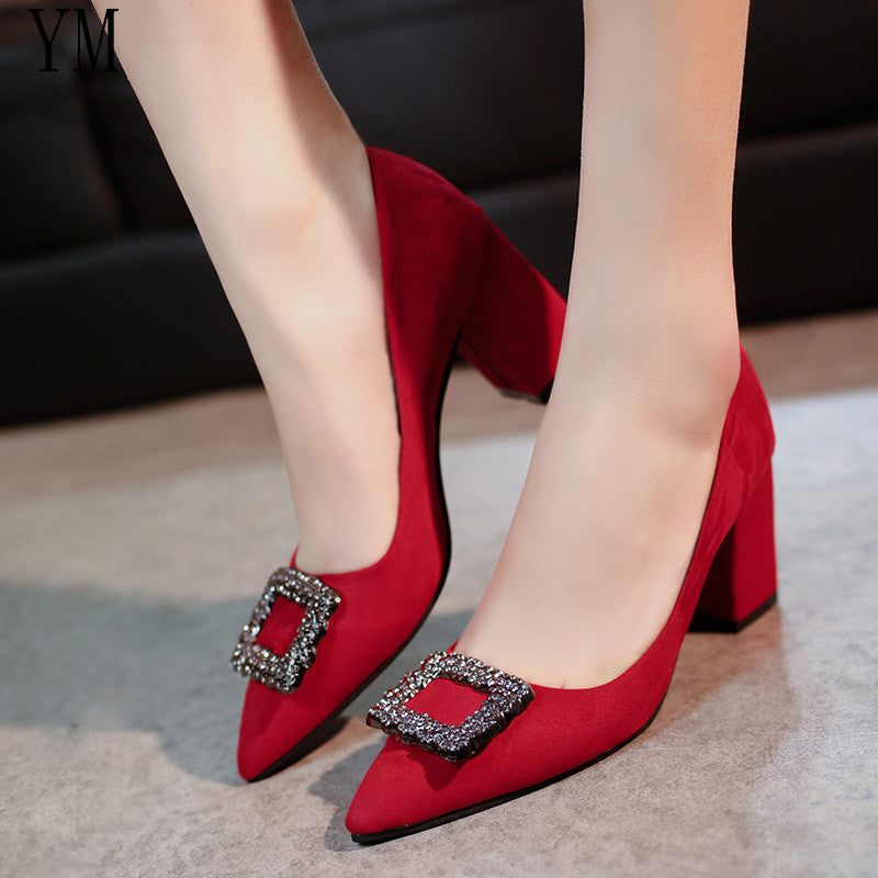 Pumps Lady Suede leather Crystal Square Buckle Thick Pointed Single Heels