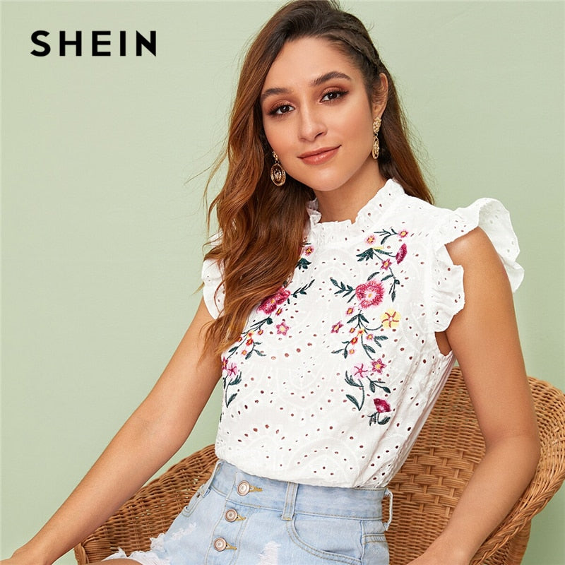 Ruffle Trim Embroidered Detail Schiffy Top