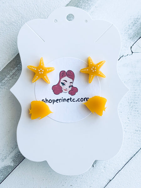 Handmade Resin Earrings - Orange Starfish & Fish Studs