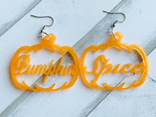 Handmade Resin Earrings - Orange Glitter Pumpkin Spice Dangles