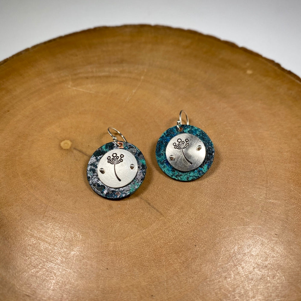 Dandelion Stamp Earrings - Blue Patina - Heart of the Home PA