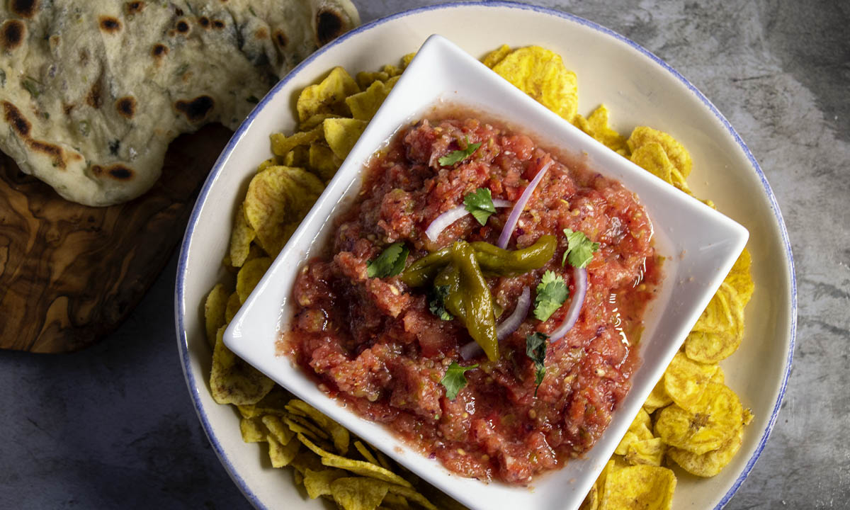 Vegan homemade mexican salsa with plaintain chips