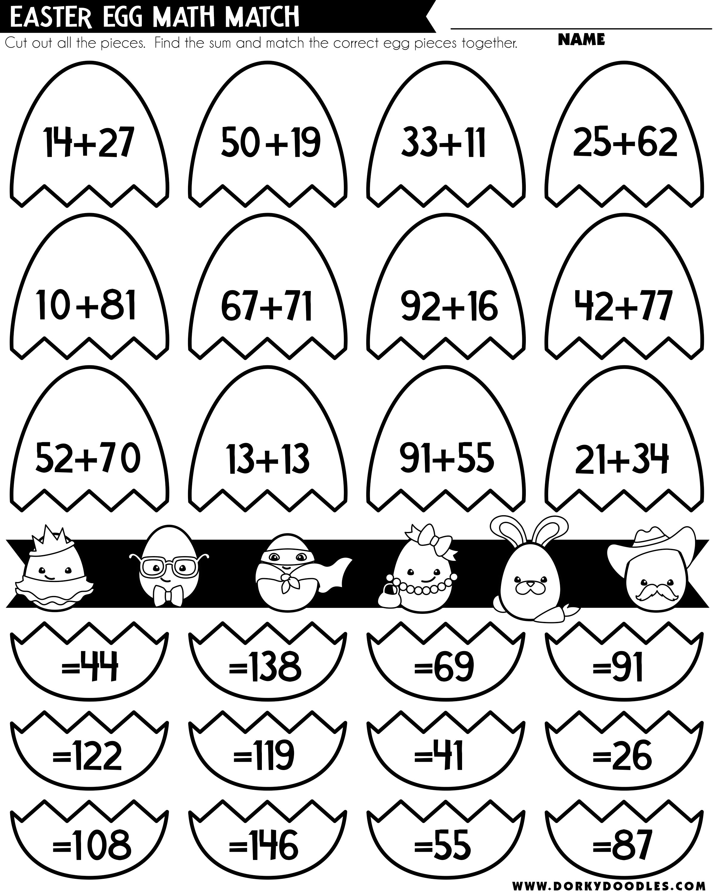 Easter egg match match double digit addition worksheet