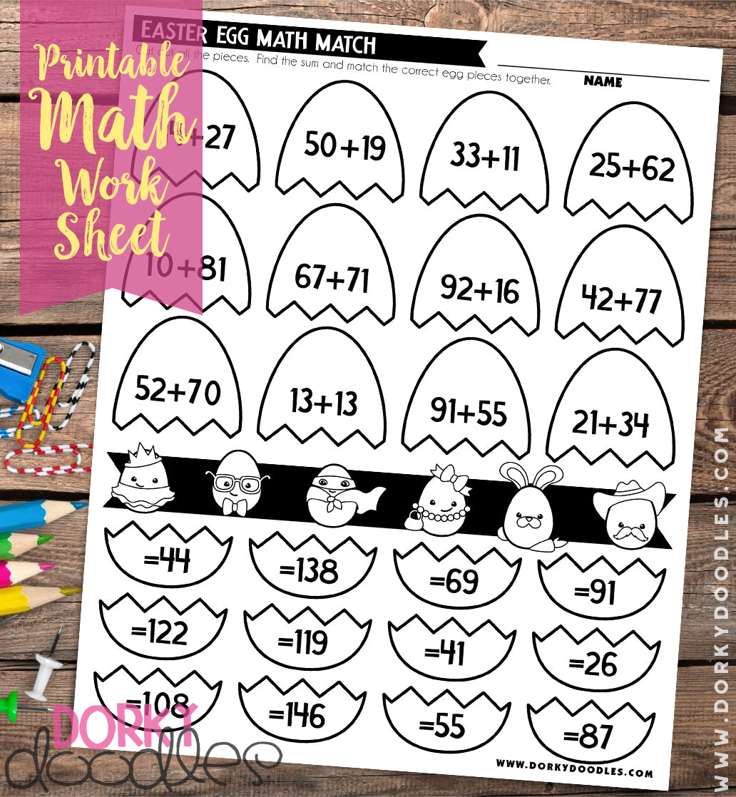 Easter egg math match double digit addition worksheet