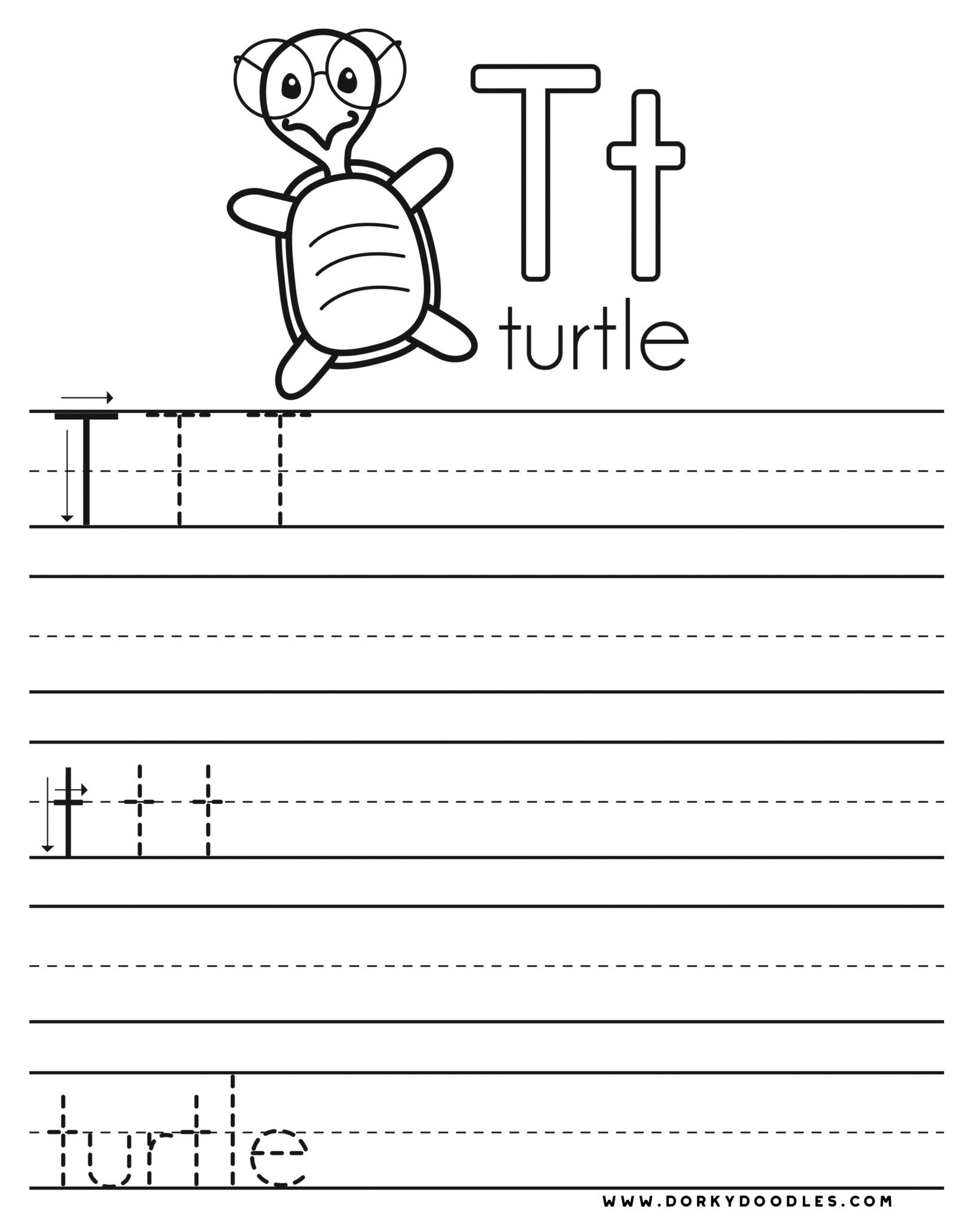 Writing Practice and Coloring Page for Letter T – Dorky Doodles