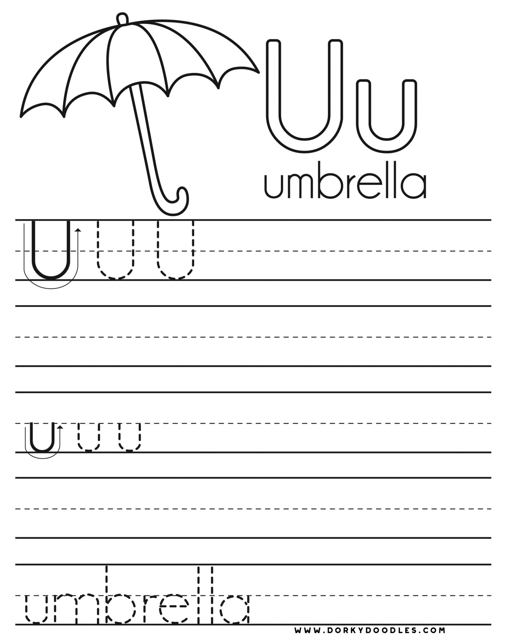 Download Letter U Writing Practice and Coloring Page - Dorky Doodles