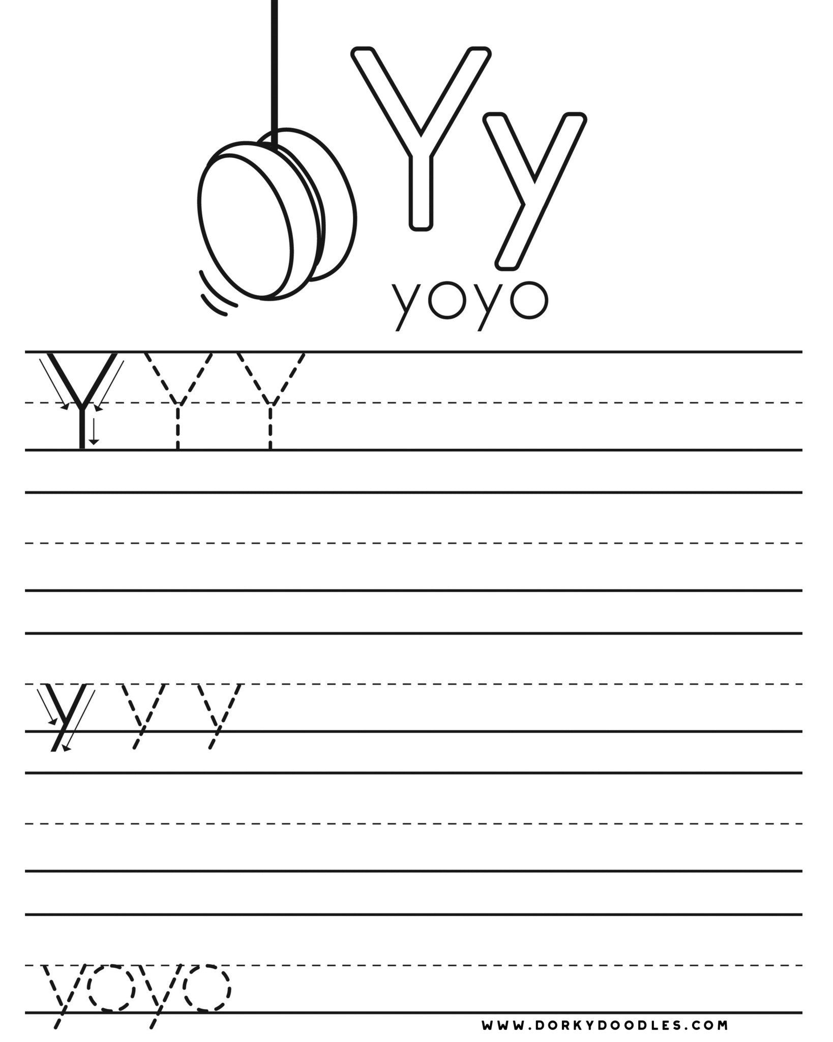 letter y writing practice and coloring page printables dorky doodles