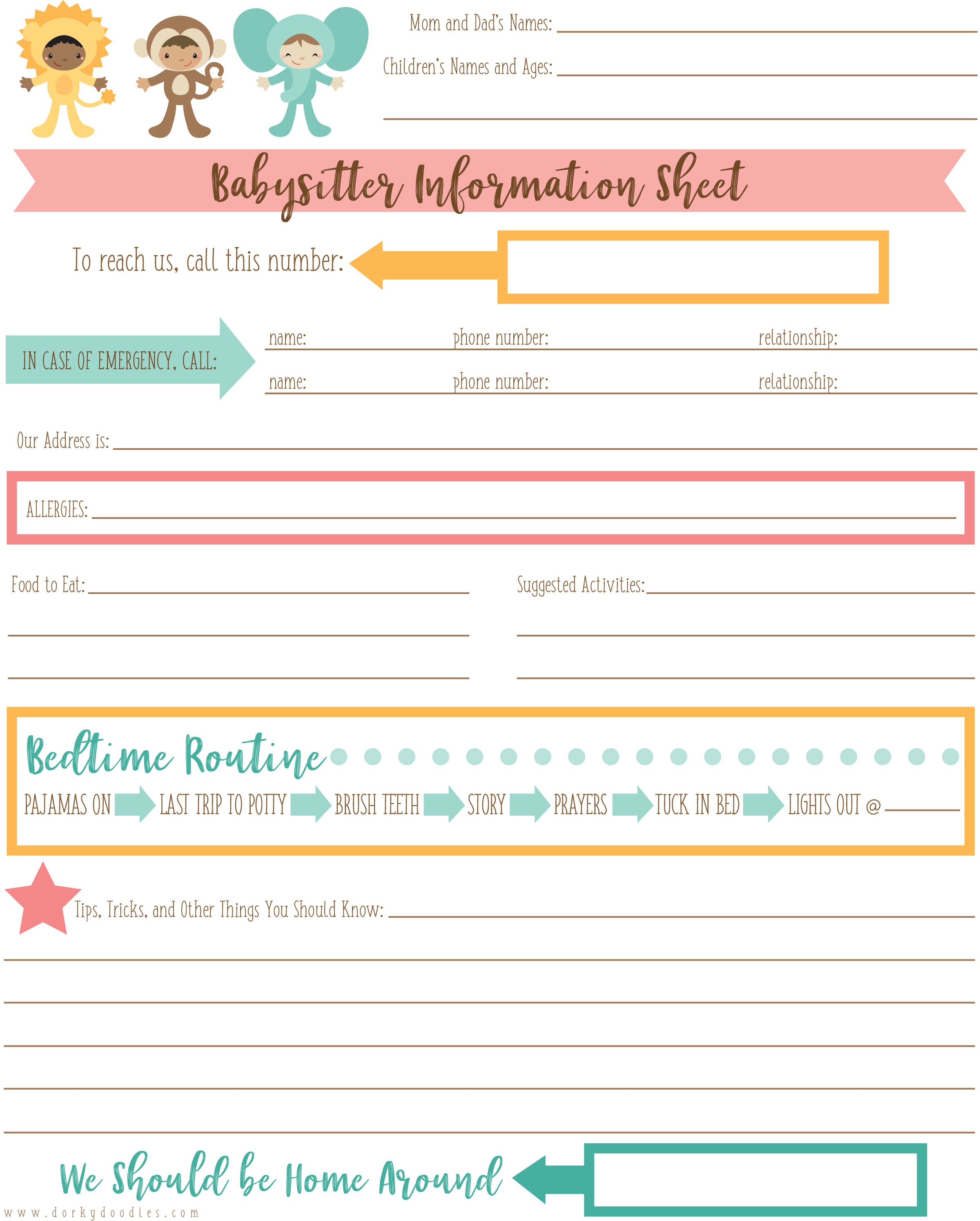 Free Printable Babysitter Information Babysitter Info Sheet Printable Templates