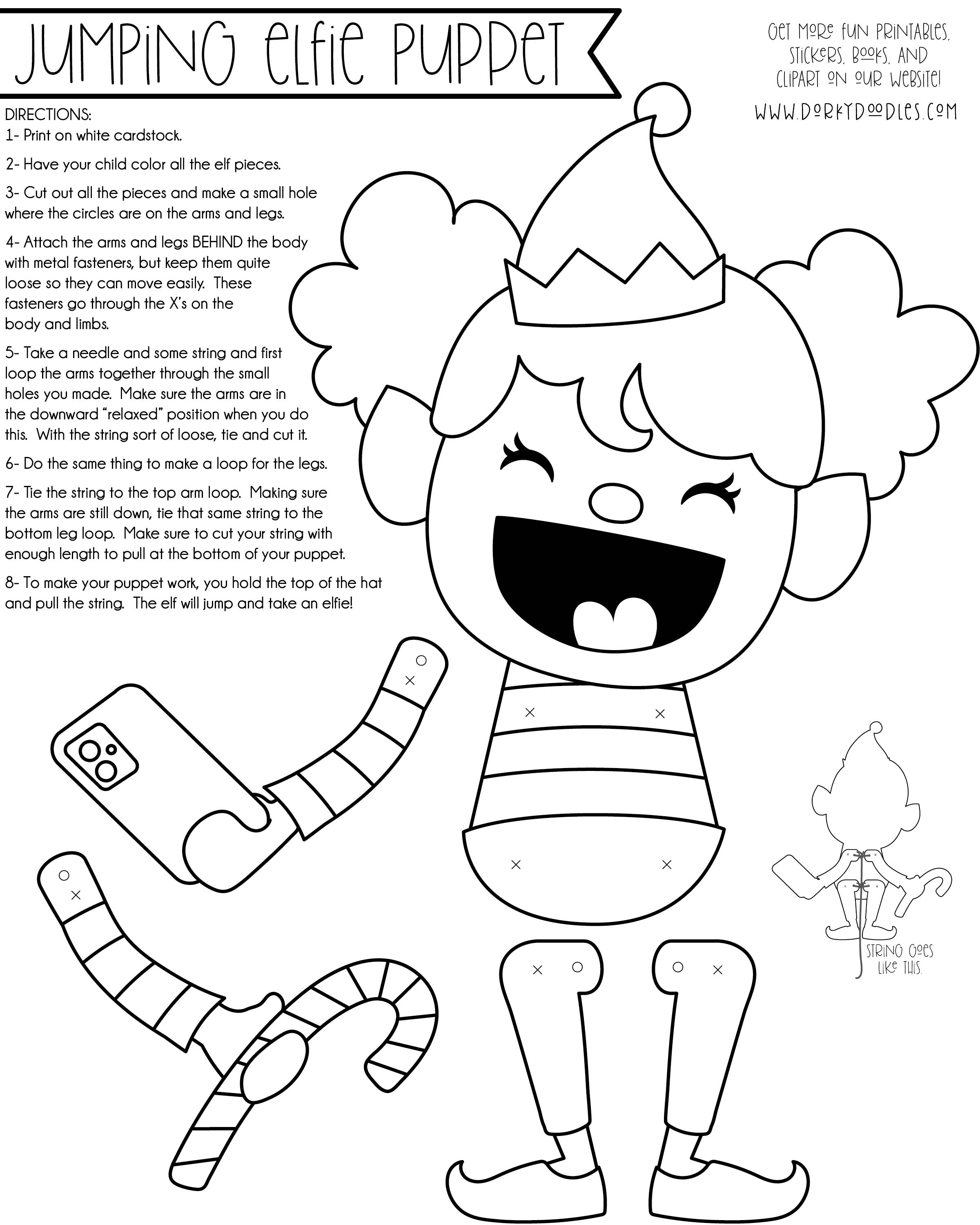 Christmas coloring page elf puppet