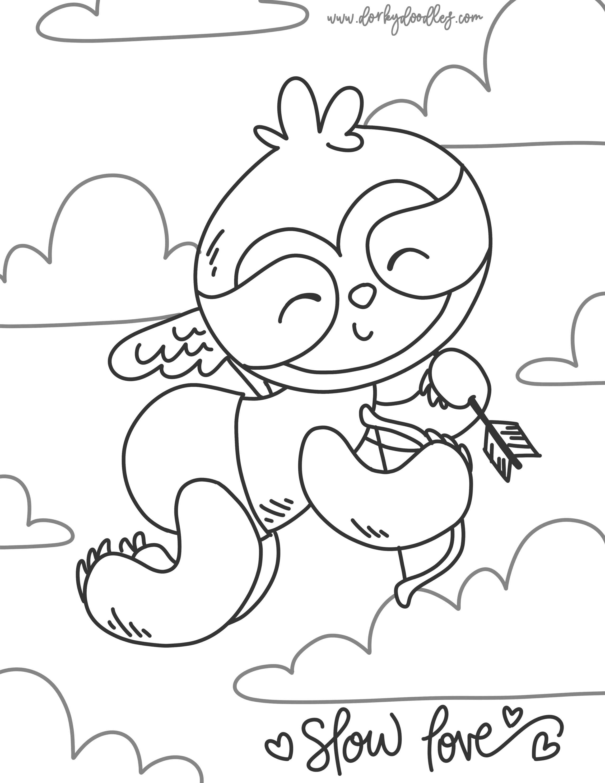 cute sloth cupid valentine coloring page