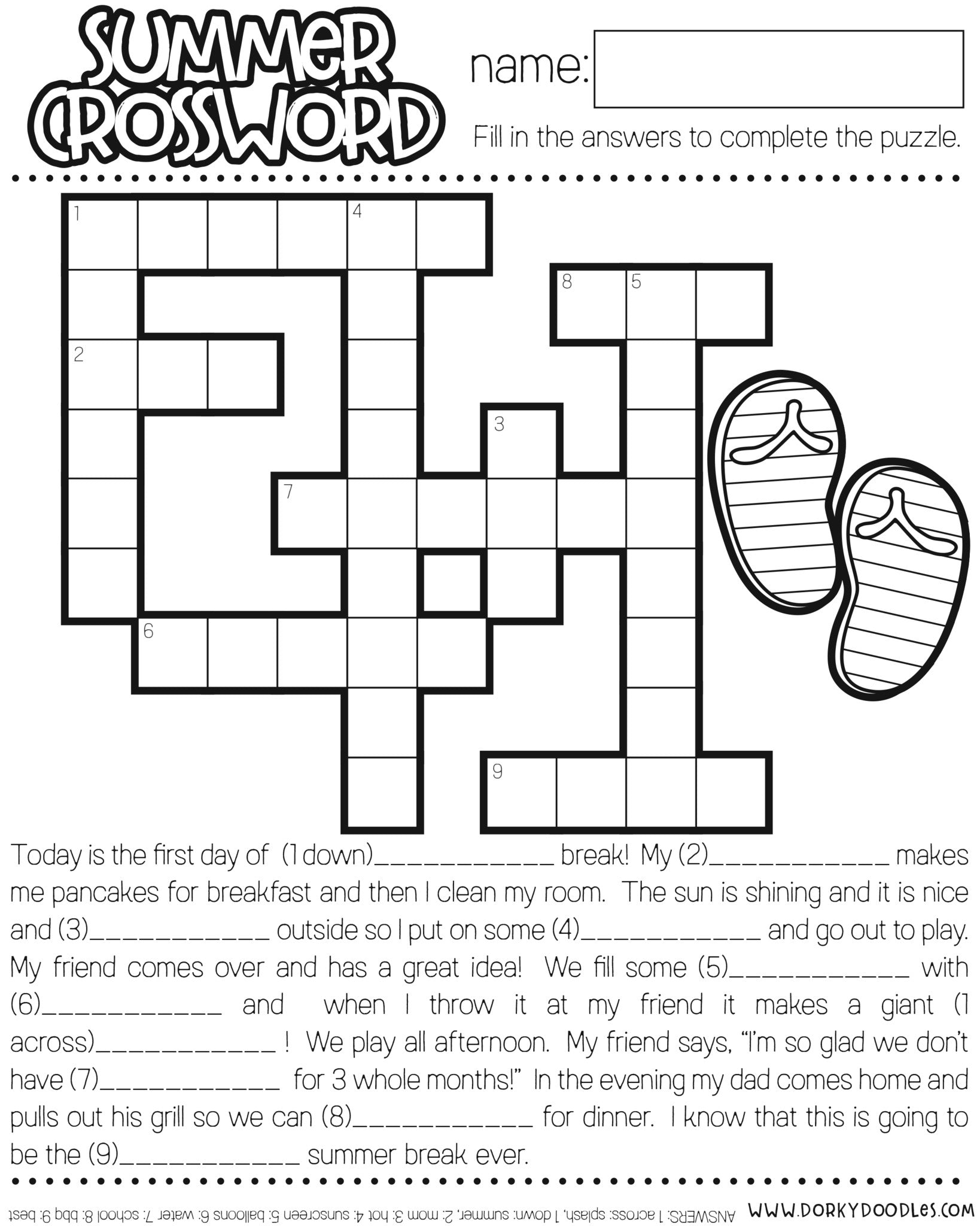 word printable summer crossword puzzle for kids