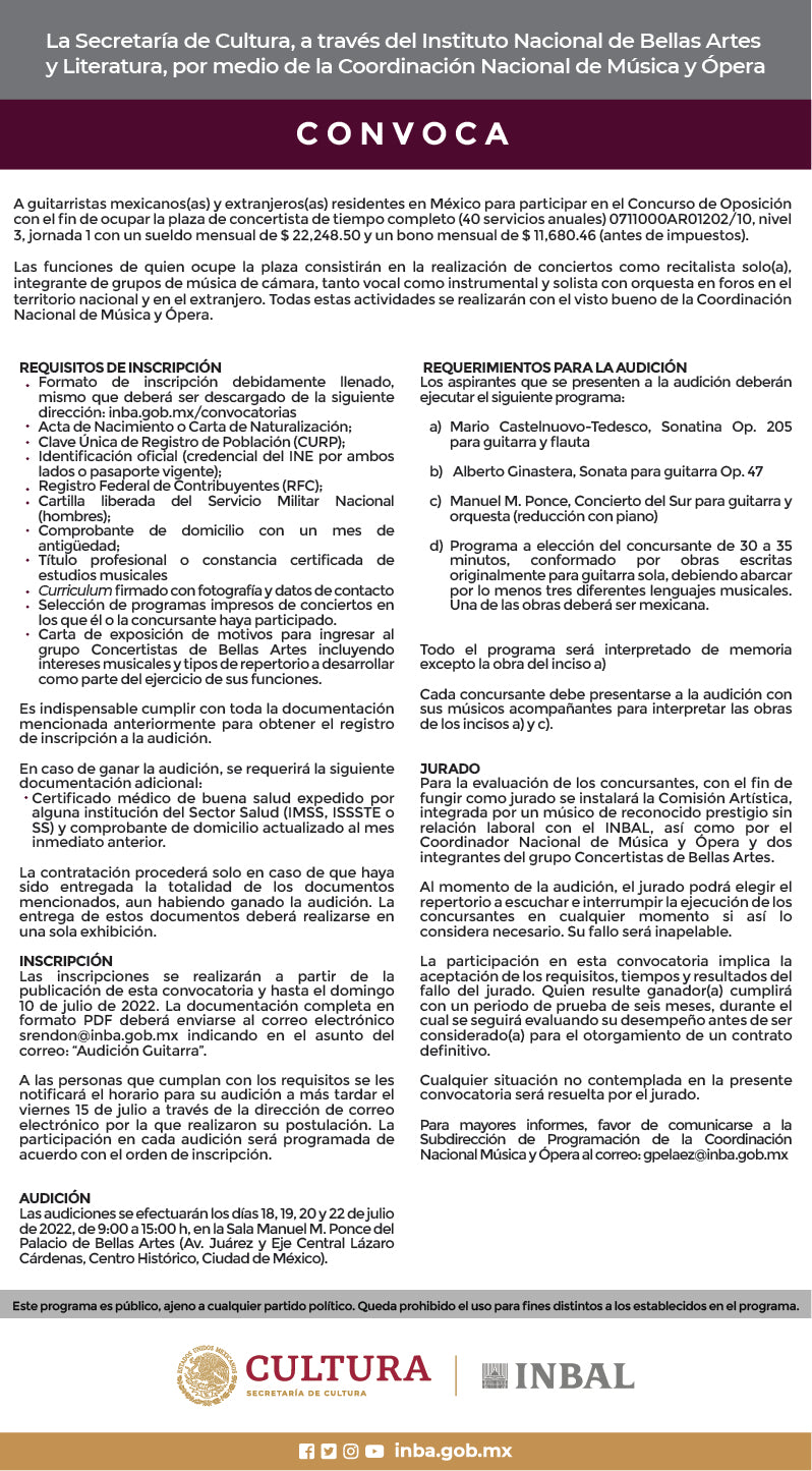 Concurso de Oposición para Guitarristas Concertistas del INBA