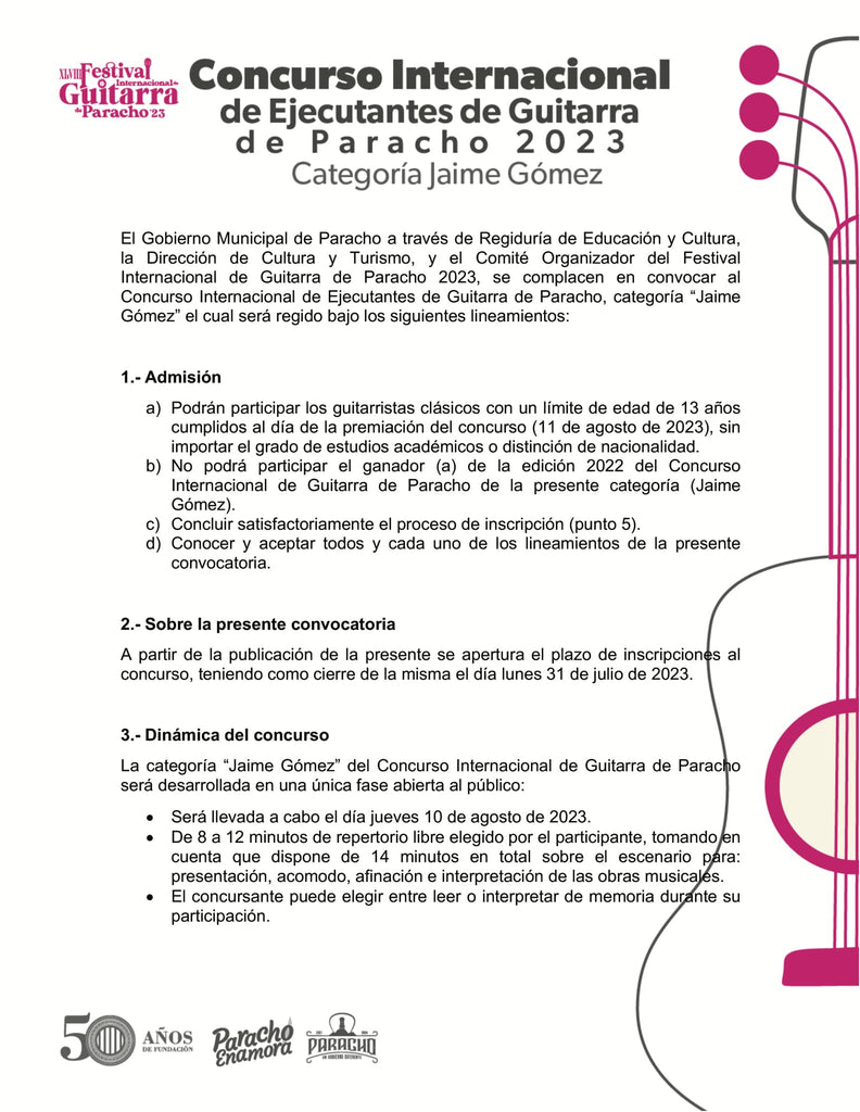 Convocatoria Concurso de Guitarra Paracho Jaime Gomez 2023