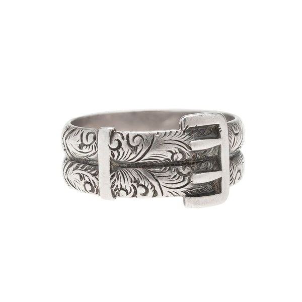 Victorian Sterling Silver Floral Etched Double Buckle Ring – A