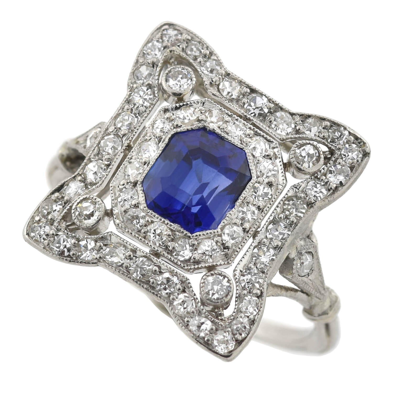 Art Deco Platinum Sapphire + Diamond Filigree Ring 0.65ct center – A ...