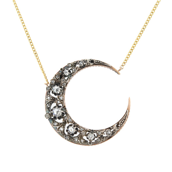 Victorian 18k + Sterling Topped Diamond Crescent Moon Necklace – A