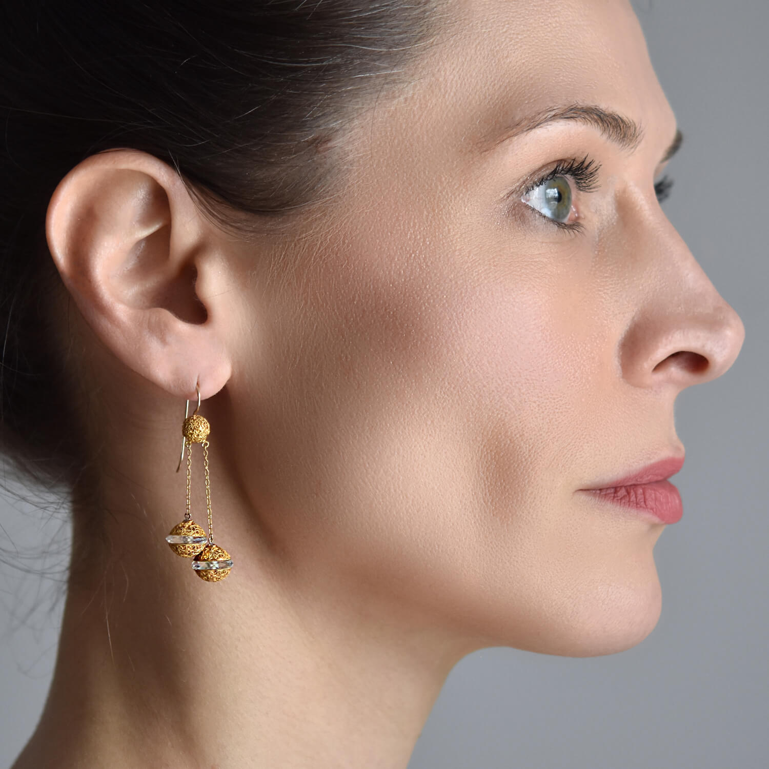 Victorian 14kt Rock Crystal + Dangling Etruscan Bead Earrings