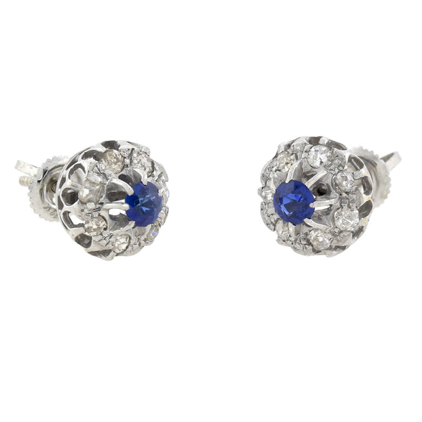 Edwardian 9kt/14kt Synthetic Sapphire + Diamond Stud Earrings