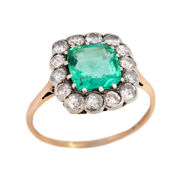 Edwardian 18k & Platinum Diamond & Emerald 3-Stone Ring – A