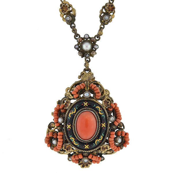 Arts & Crafts Hungarian Sterling Gilt, Enamel, Pearl & Coral Necklace ...