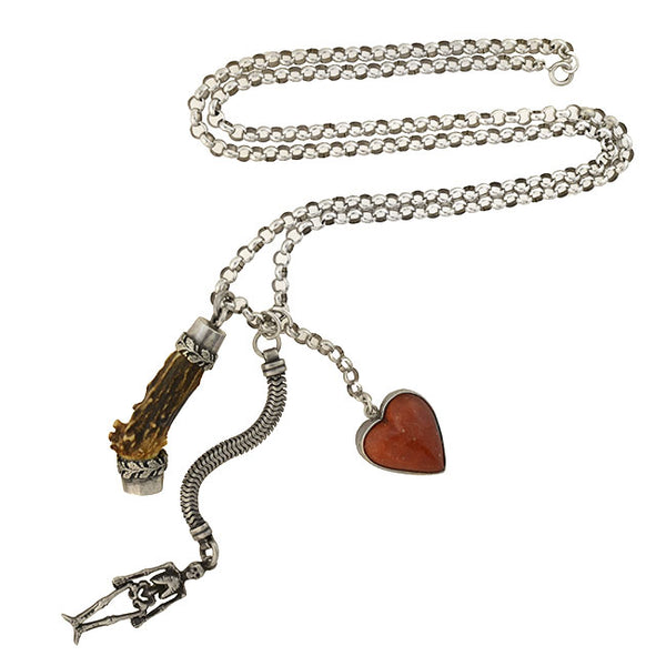 Vintage Sterling Antler, Heart + Skeleton Multi Charm Necklace – A ...