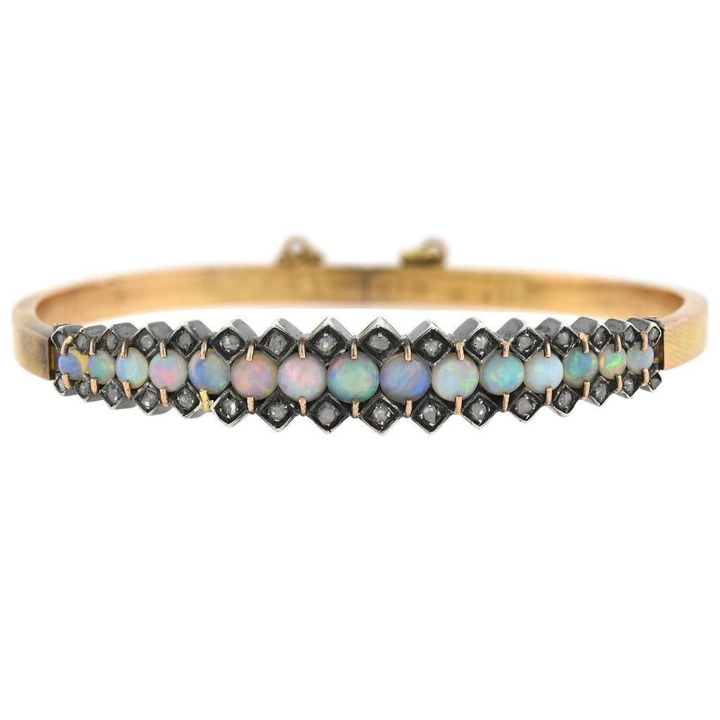 Victorian Sterling/18kt Opal + Rose Cut Diamond Hinged Bangle Bracelet ...