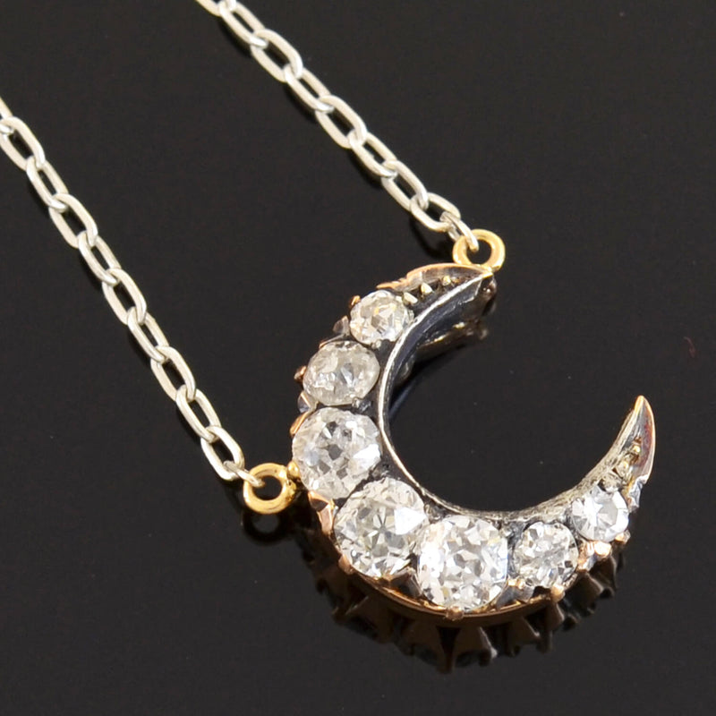Victorian Petite 14kt/Sterling Diamond Crescent Necklace 0.60ctw