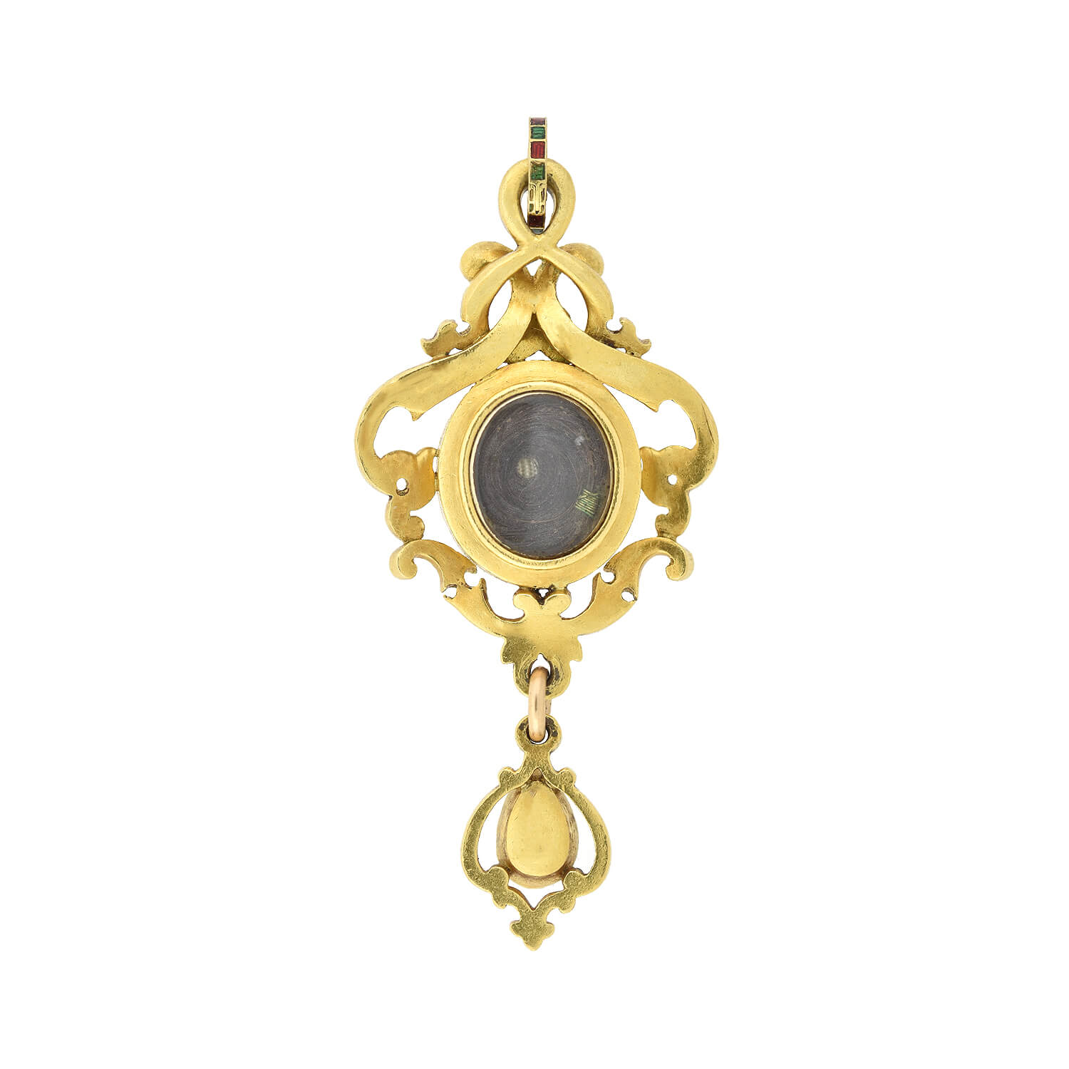 Victorian Holbeinesque 18kt Garnet + Champlev  Enamel Pendant