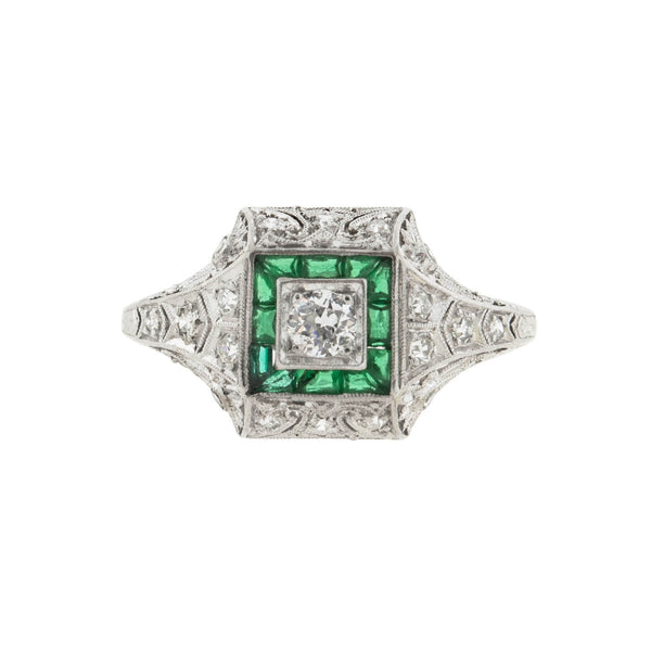 Art Deco Platinum Diamond + French Cut Emerald Engagement Ring 0.20ct ...