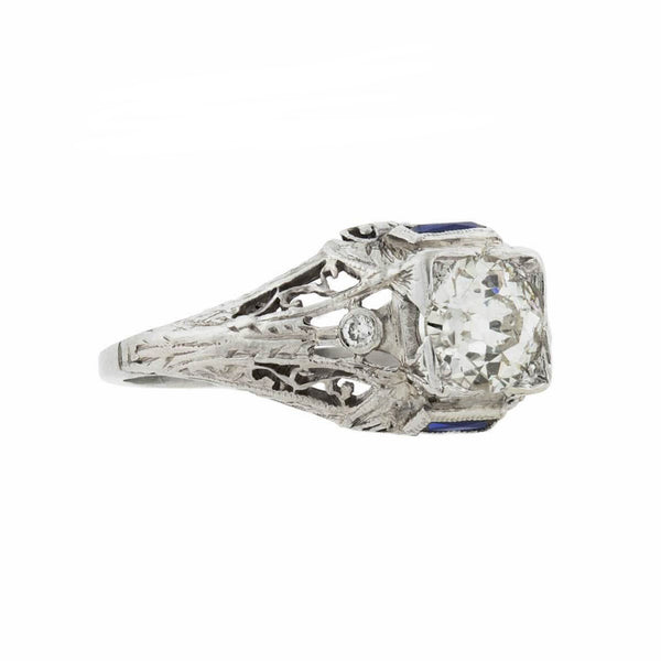 Art Deco Platinum Diamond + French Cut Sapphire Engagement Ring 0.85ct center