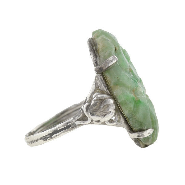 Art Deco Sterling Carved Floral Jade Ring