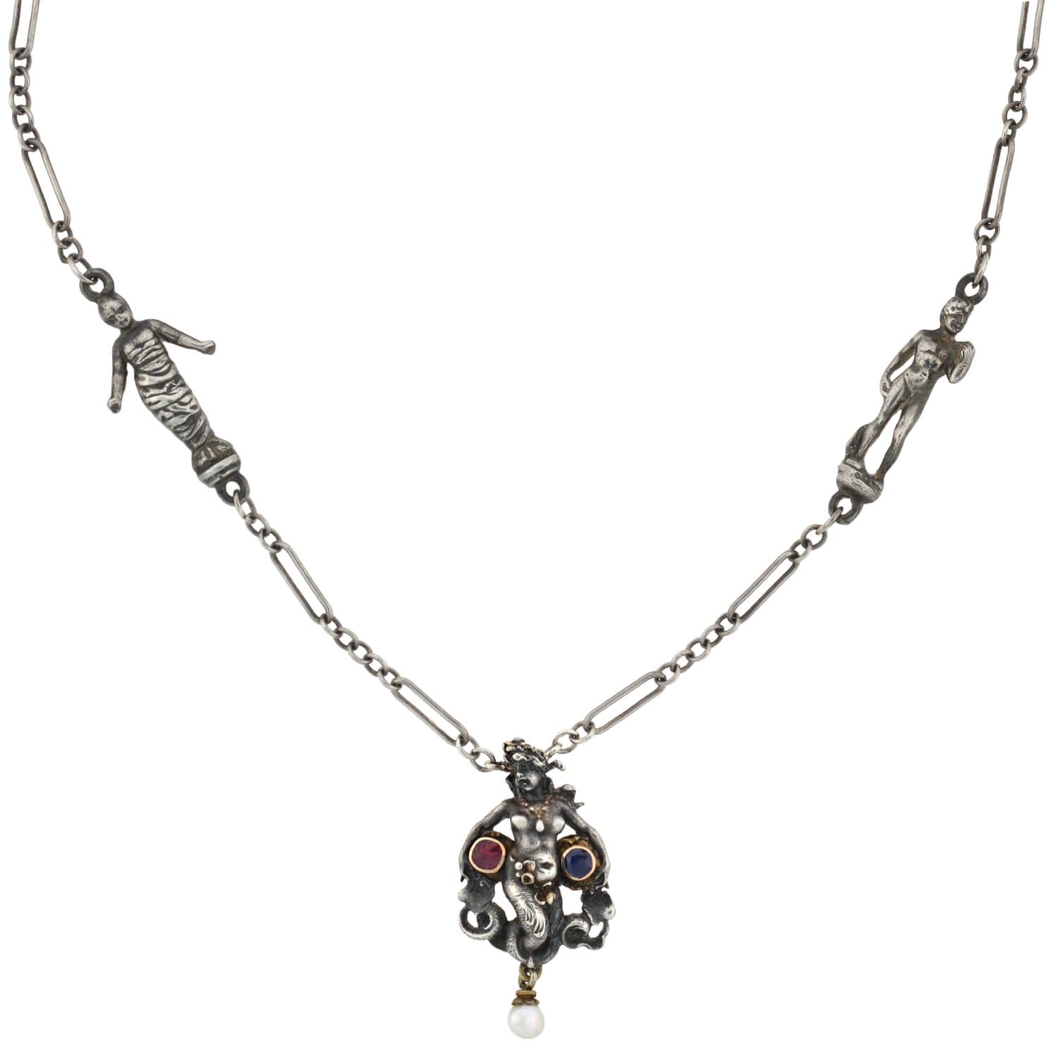 Edwardian Sterling Ruby, Sapphire + Pearl Mermaid Pendant Necklace 22 ...