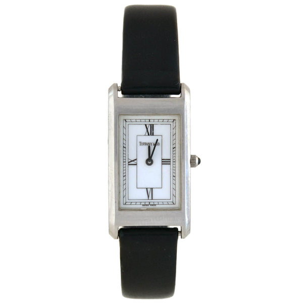 TIFFANY & CO. Estate Stainless Steel Black Leather Ladies Watch – A ...