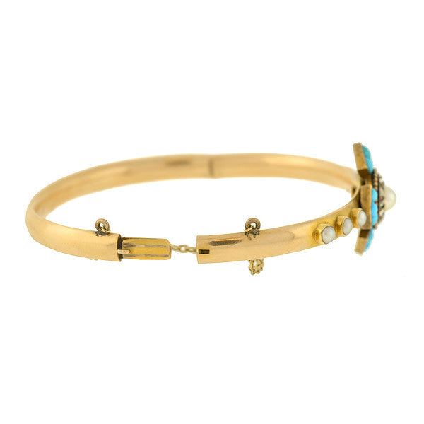 Victorian 14kt Turquoise, Diamond & Pearl Bangle Bracelet – A. Brandt + Son