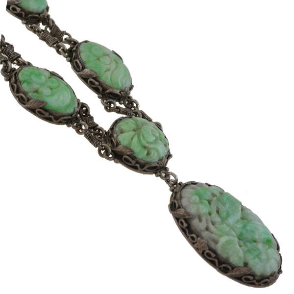 Late Art Deco Chinese Sterling Carved Jade Link Necklace 16