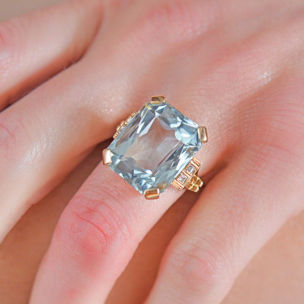 Retro Large 14kt Aquamarine + Diamond 