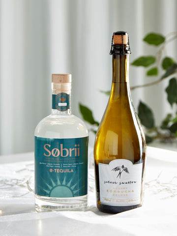 A bottle of Sobrii 0-tequilla and Silver Swallow Kombucha